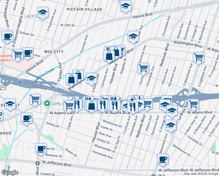 map of restaurants, bars, coffee shops, grocery stores, and more near in Los Angeles