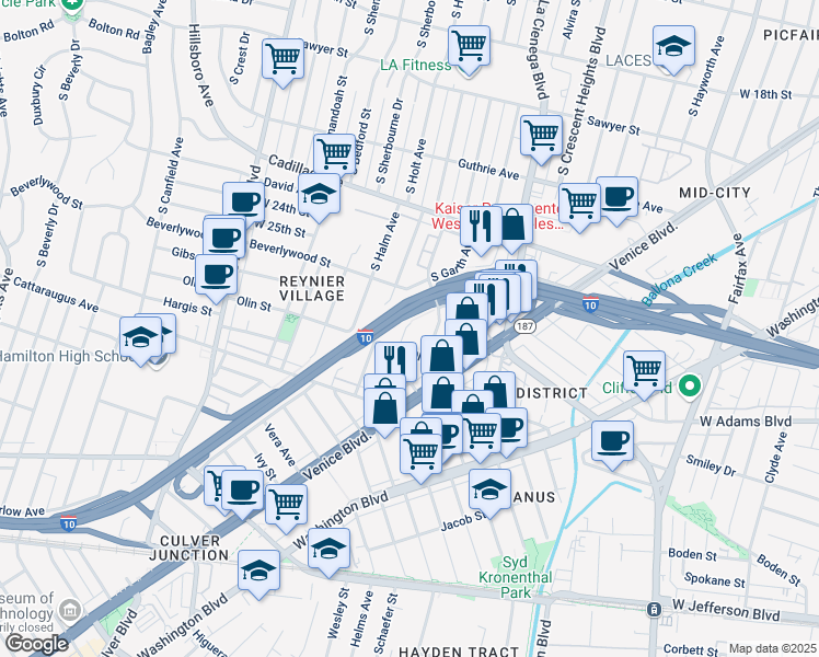 map of restaurants, bars, coffee shops, grocery stores, and more near 8645 Olin Street in Los Angeles