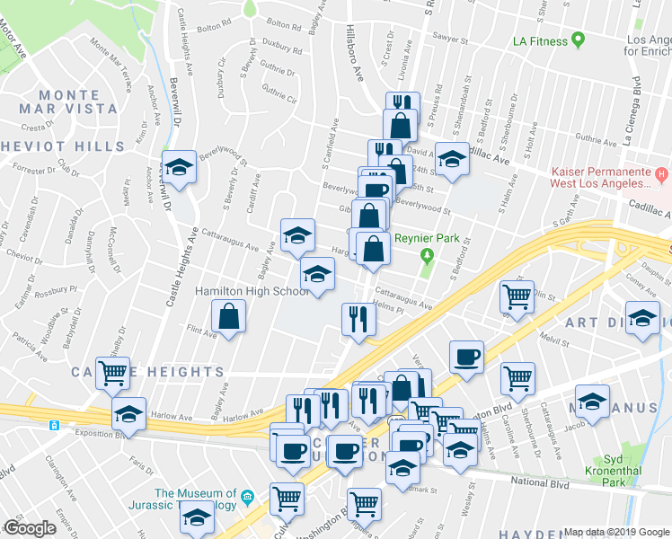 map of restaurants, bars, coffee shops, grocery stores, and more near 9053 Cattaraugus Avenue in Los Angeles