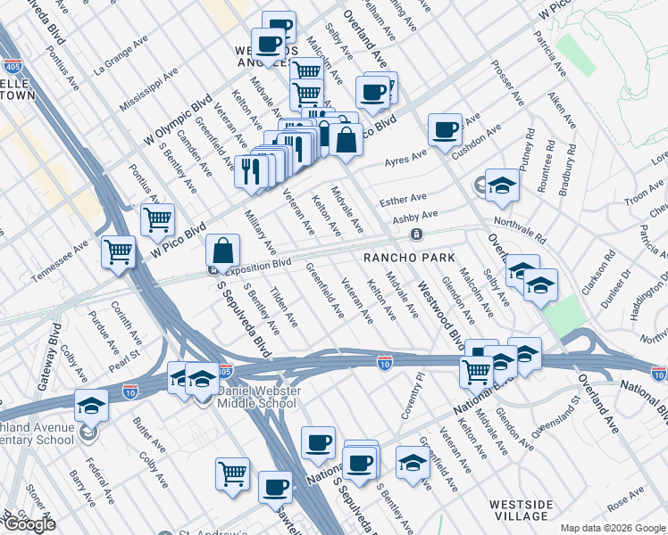 map of restaurants, bars, coffee shops, grocery stores, and more near 2636 Veteran Avenue in Los Angeles