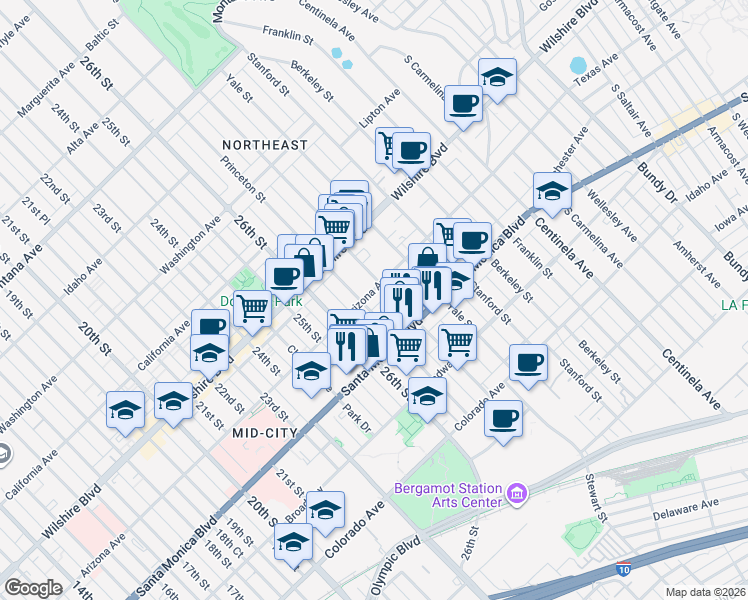map of restaurants, bars, coffee shops, grocery stores, and more near 1321 Princeton Street in Santa Monica