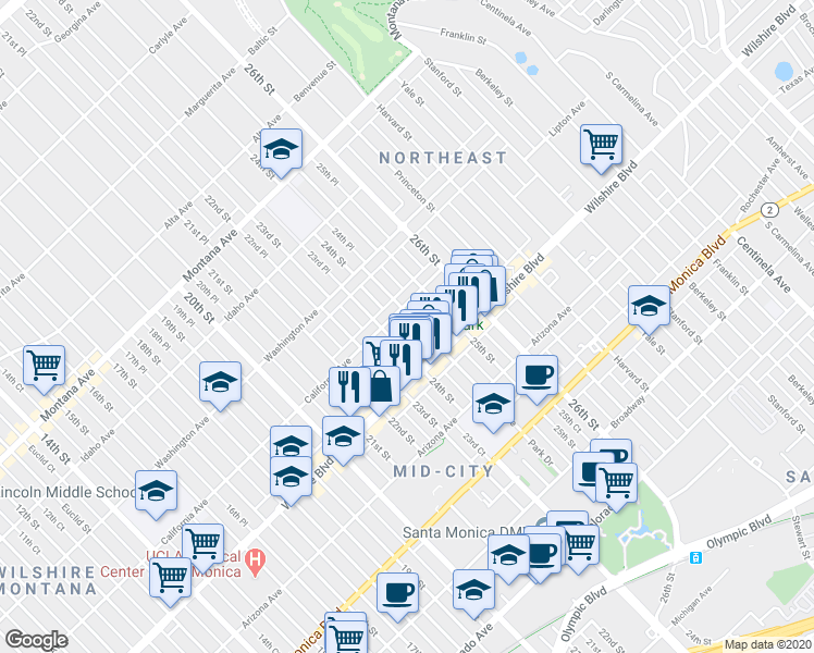 map of restaurants, bars, coffee shops, grocery stores, and more near 1133 24th Street in Santa Monica