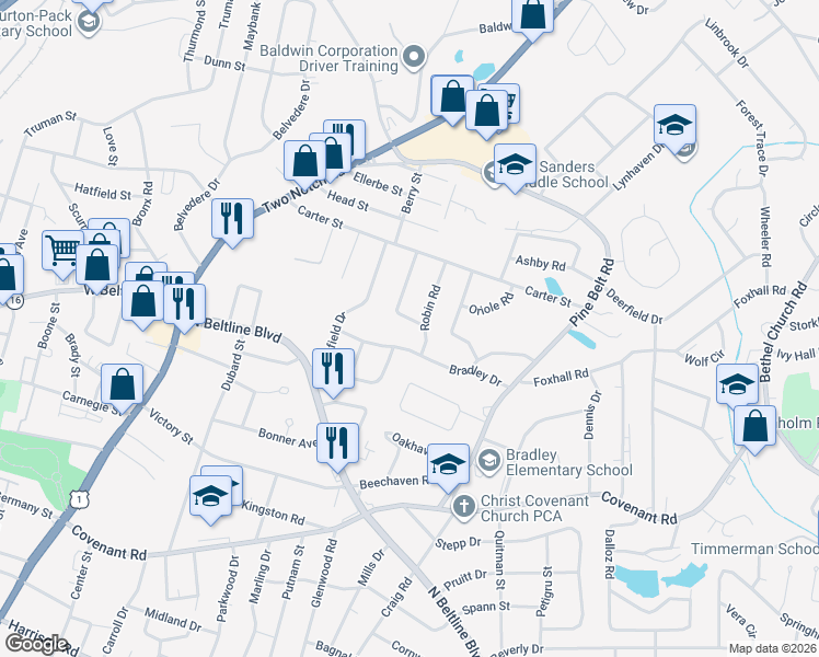 map of restaurants, bars, coffee shops, grocery stores, and more near 1604 Bradley Drive in Columbia