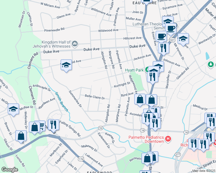 map of restaurants, bars, coffee shops, grocery stores, and more near 3527 Abingdon Road in Columbia