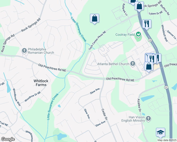 map of restaurants, bars, coffee shops, grocery stores, and more near 2388 Suwanee Pointe Drive in Lawrenceville