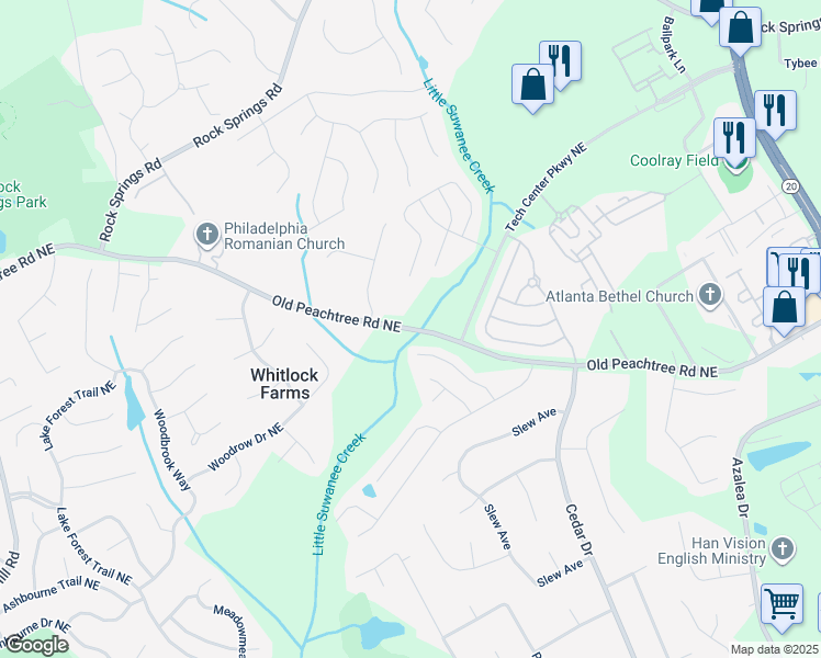 map of restaurants, bars, coffee shops, grocery stores, and more near 678 Prada Court Northeast in Lawrenceville