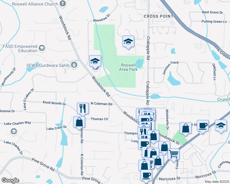 map of restaurants, bars, coffee shops, grocery stores, and more near 120 Park Bridge Lane in Roswell