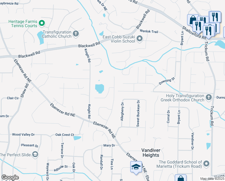 map of restaurants, bars, coffee shops, grocery stores, and more near 1862 Lake Ebenezer Trail Northeast in Marietta