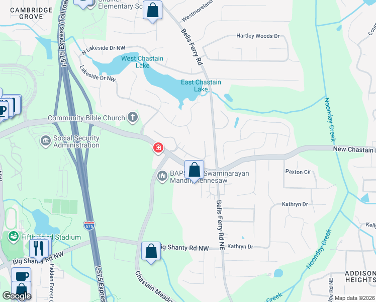 map of restaurants, bars, coffee shops, grocery stores, and more near 120 Chastain Road Northwest in Kennesaw