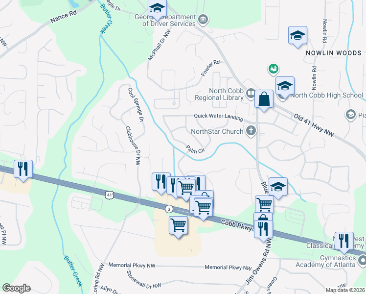 map of restaurants, bars, coffee shops, grocery stores, and more near 3396 Palm Circle in Kennesaw