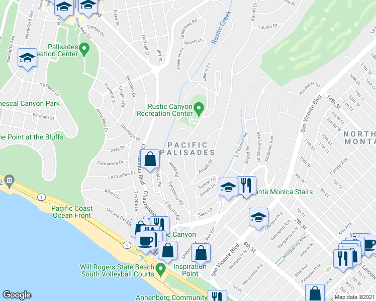 map of restaurants, bars, coffee shops, grocery stores, and more near 516 Latimer Road in Santa Monica