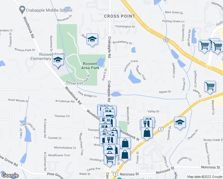 map of restaurants, bars, coffee shops, grocery stores, and more near 10458 Crabapple Road in Roswell