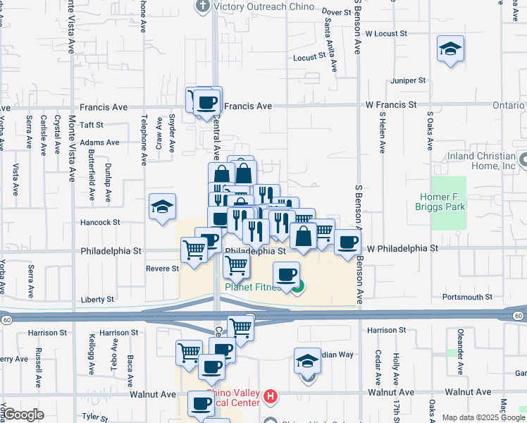 map of restaurants, bars, coffee shops, grocery stores, and more near 5425 Choctaw Court in Chino