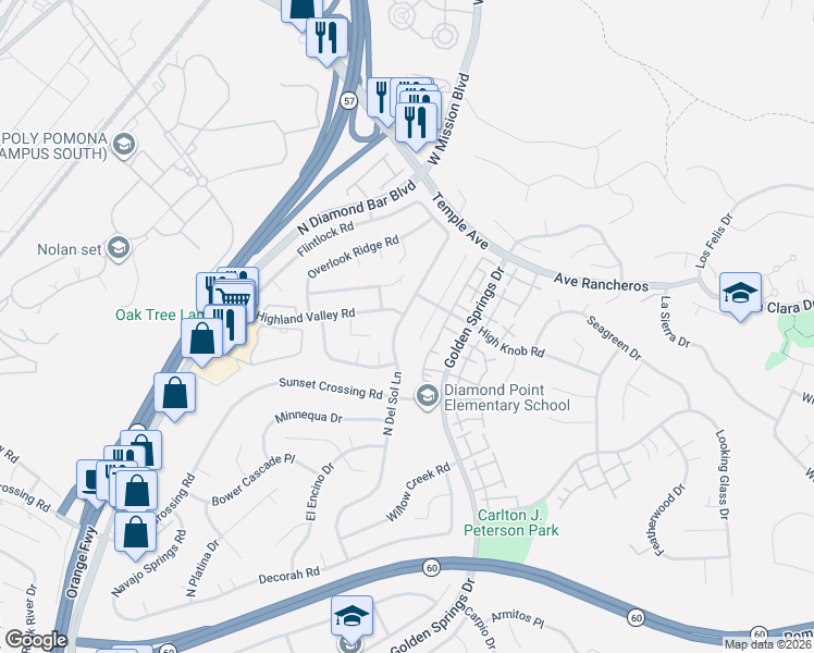 map of restaurants, bars, coffee shops, grocery stores, and more near 948 North Del Sol Lane in Diamond Bar