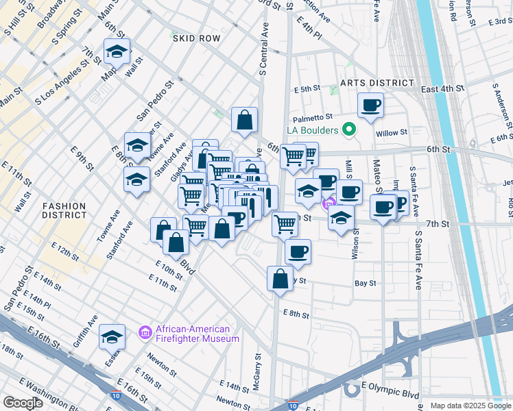 map of restaurants, bars, coffee shops, grocery stores, and more near 746 Market Court in Los Angeles