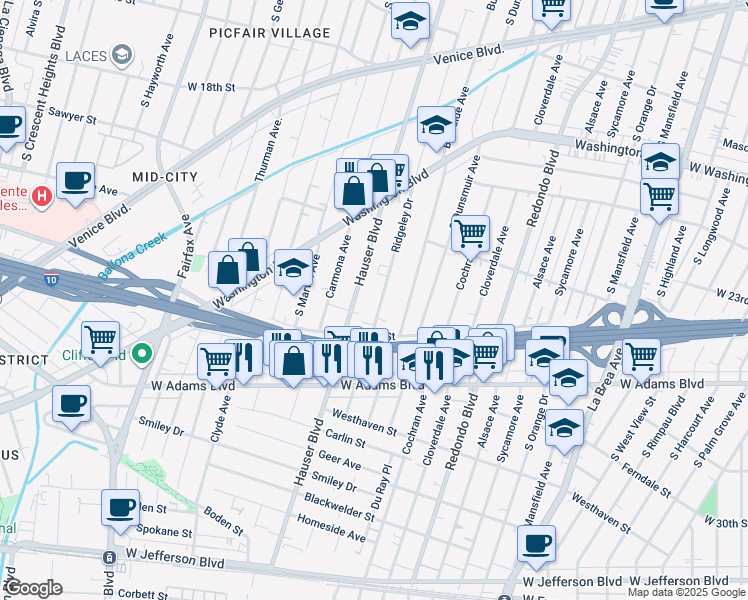 map of restaurants, bars, coffee shops, grocery stores, and more near 2325 Ridgeley Drive in Los Angeles