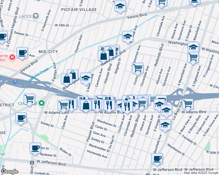map of restaurants, bars, coffee shops, grocery stores, and more near 2325 Ridgeley Drive in Los Angeles
