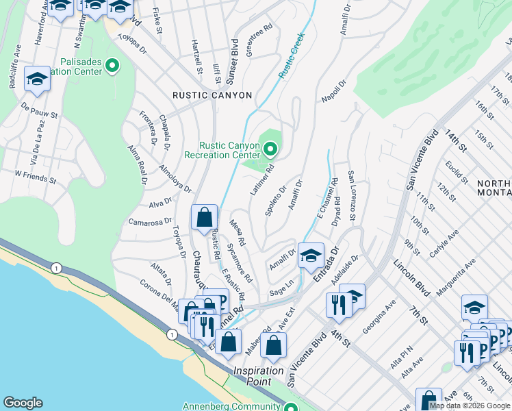 map of restaurants, bars, coffee shops, grocery stores, and more near 516 Latimer Road in Santa Monica