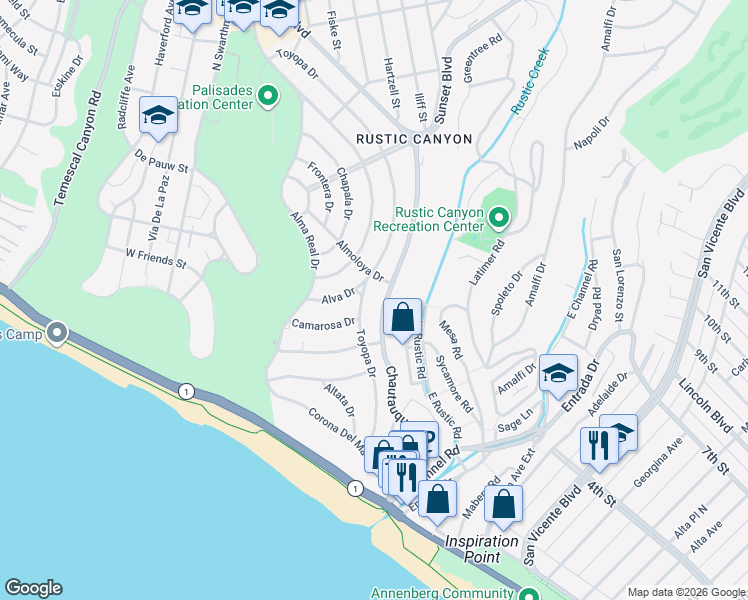 map of restaurants, bars, coffee shops, grocery stores, and more near 458 Toyopa Drive in Los Angeles