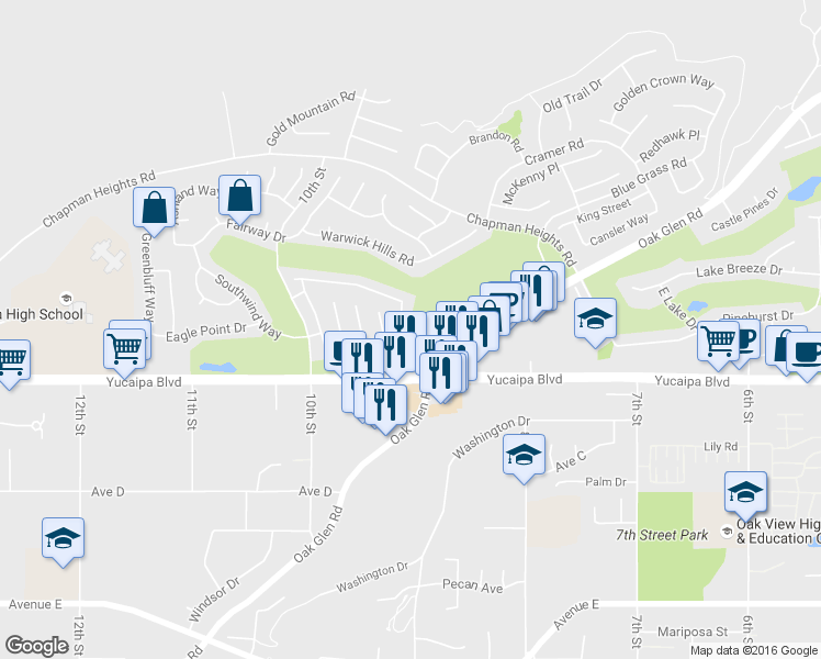 map of restaurants, bars, coffee shops, grocery stores, and more near 33379 Wallace Way in Yucaipa