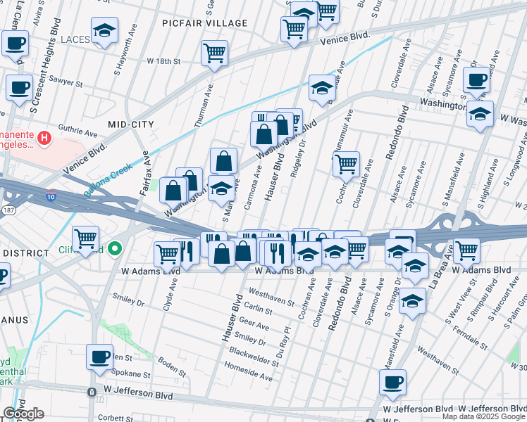 map of restaurants, bars, coffee shops, grocery stores, and more near 2331 Hauser Boulevard in Los Angeles
