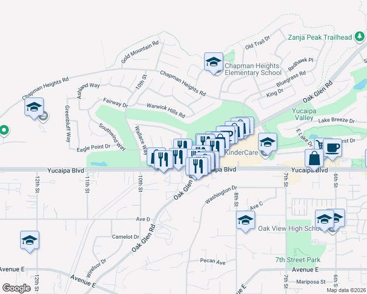 map of restaurants, bars, coffee shops, grocery stores, and more near 33379 Wallace Way in Yucaipa
