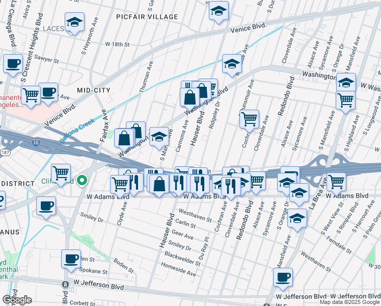 map of restaurants, bars, coffee shops, grocery stores, and more near in Los Angeles