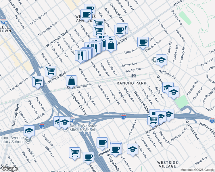 map of restaurants, bars, coffee shops, grocery stores, and more near 2617 Veteran Avenue in Los Angeles