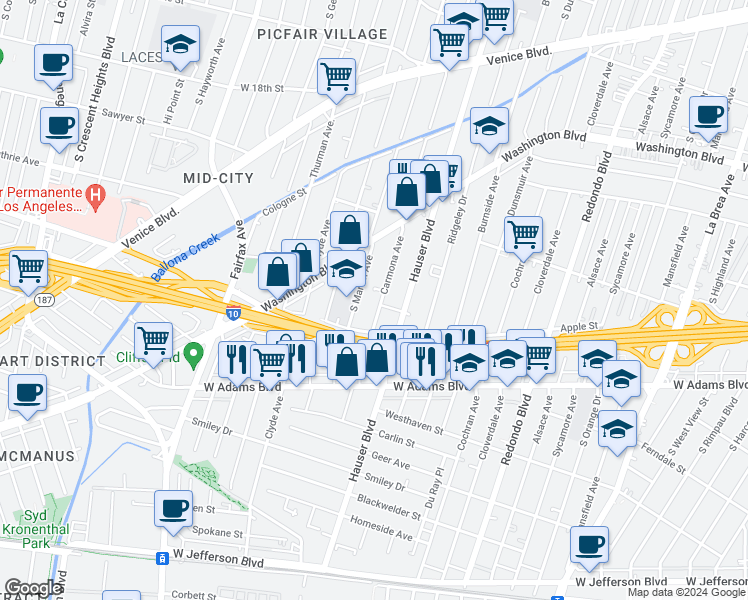 map of restaurants, bars, coffee shops, grocery stores, and more near 2333 Carmona Avenue in Los Angeles