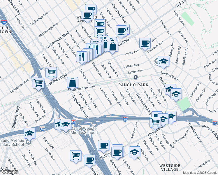 map of restaurants, bars, coffee shops, grocery stores, and more near 2636 Veteran Avenue in Los Angeles