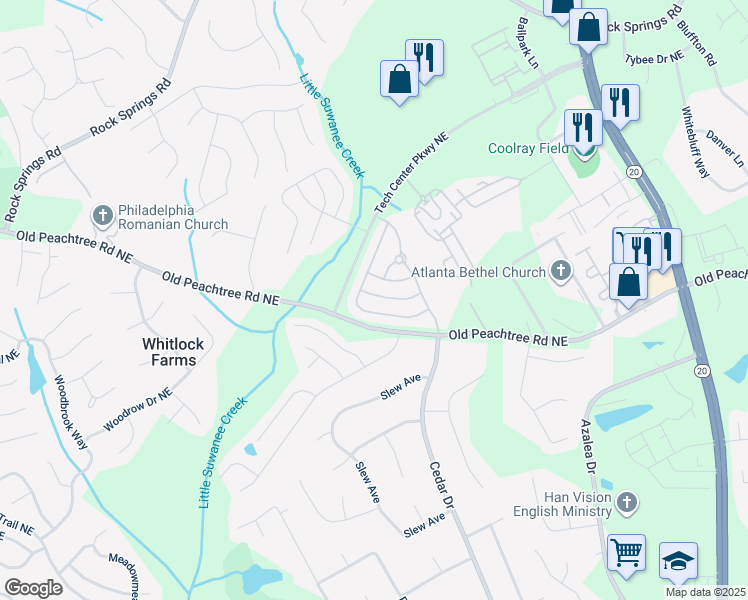 map of restaurants, bars, coffee shops, grocery stores, and more near 2388 Suwanee Pointe Drive in Lawrenceville