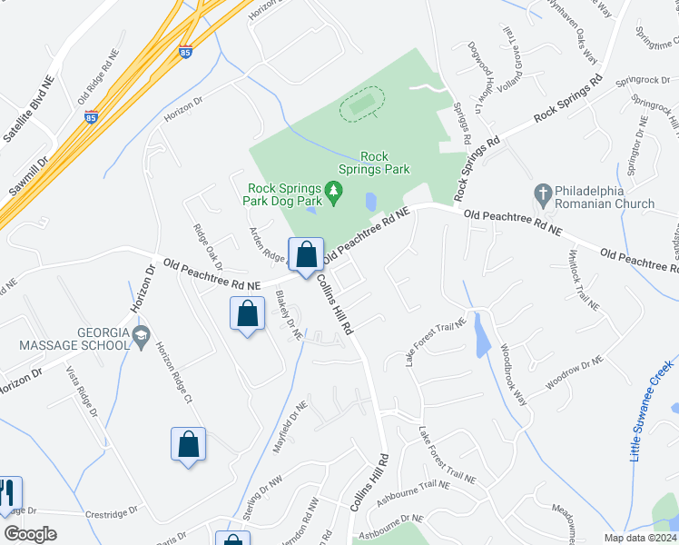 map of restaurants, bars, coffee shops, grocery stores, and more near 2837 Peachstone Court Northeast in Lawrenceville