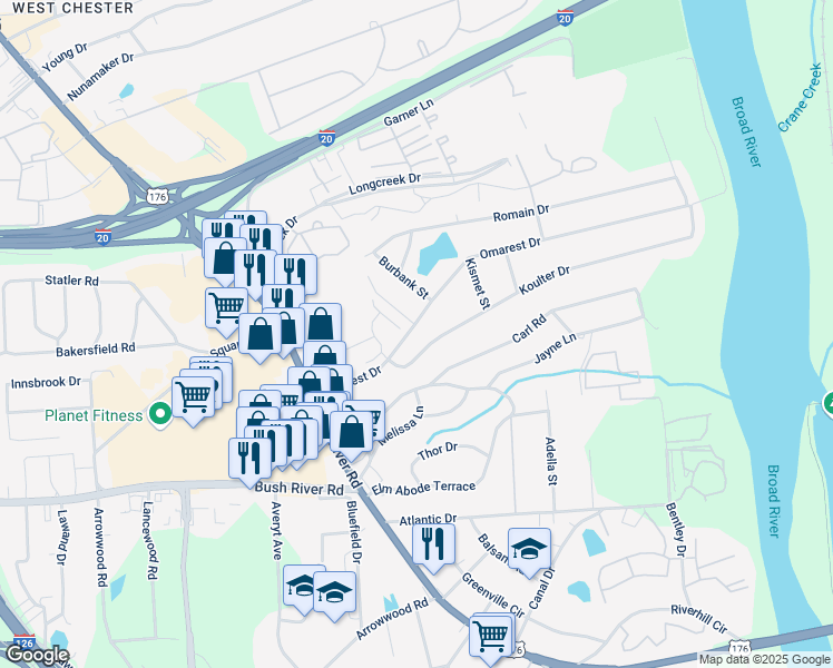 map of restaurants, bars, coffee shops, grocery stores, and more near 1438 Omarest Drive in Columbia
