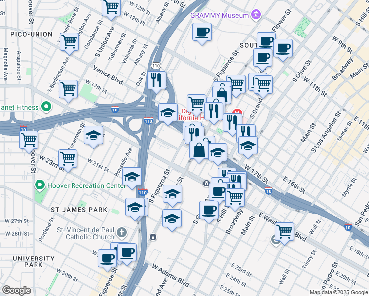 map of restaurants, bars, coffee shops, grocery stores, and more near 1815 Flower Street in Los Angeles