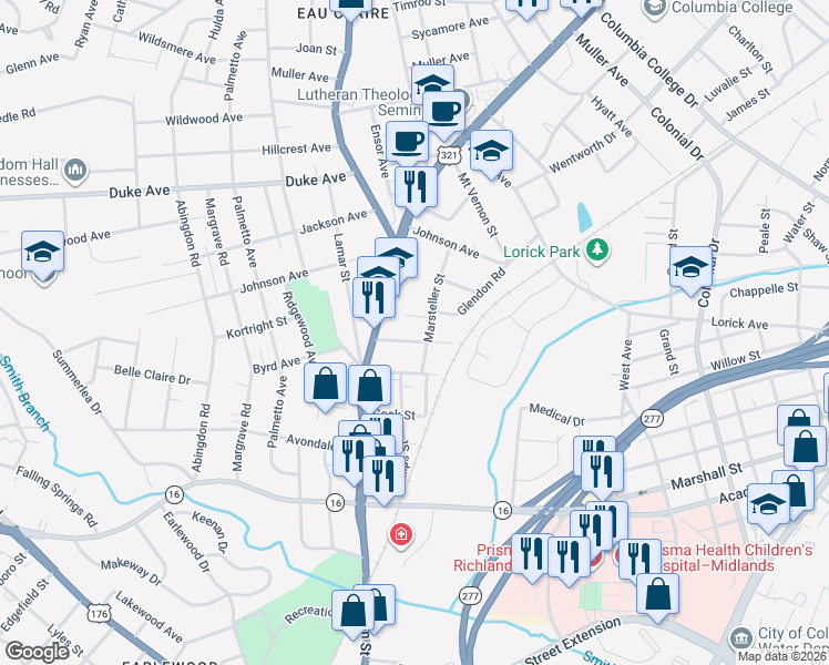 map of restaurants, bars, coffee shops, grocery stores, and more near 1206 Elmore Street in Columbia