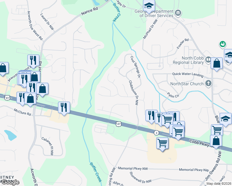 map of restaurants, bars, coffee shops, grocery stores, and more near 603 Spring Ridge Drive North West in Kennesaw