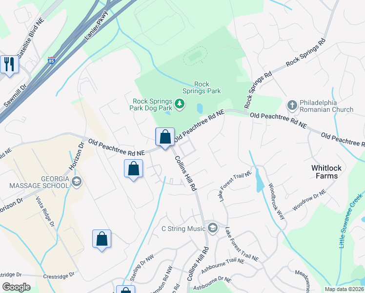 map of restaurants, bars, coffee shops, grocery stores, and more near 2837 Peachstone Court Northeast in Lawrenceville