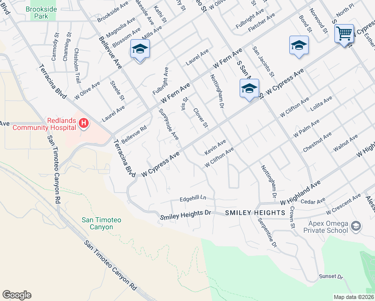map of restaurants, bars, coffee shops, grocery stores, and more near 606 Sunnyside Avenue in Redlands