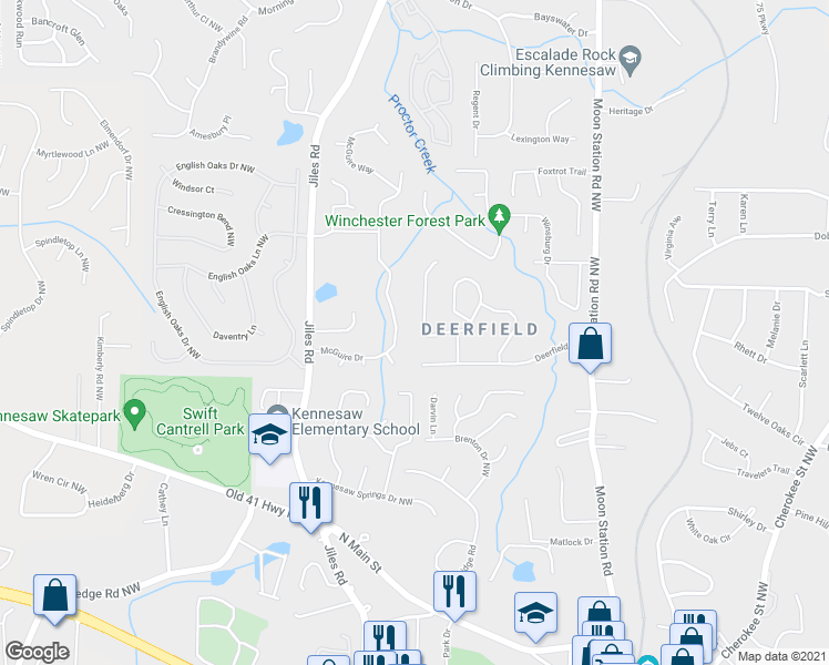 map of restaurants, bars, coffee shops, grocery stores, and more near 5621 Deerfield Place in Kennesaw