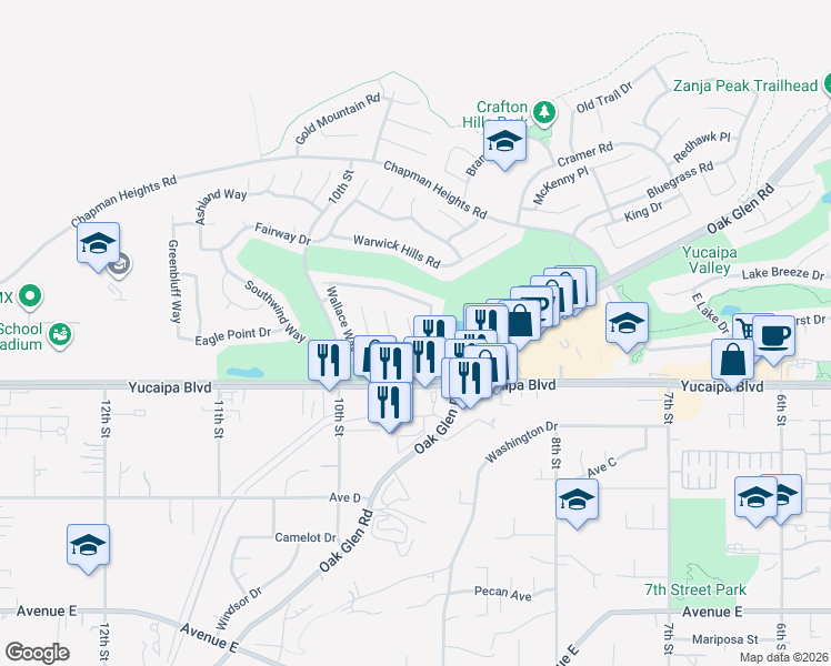 map of restaurants, bars, coffee shops, grocery stores, and more near 11971 Gemstone Court in Yucaipa