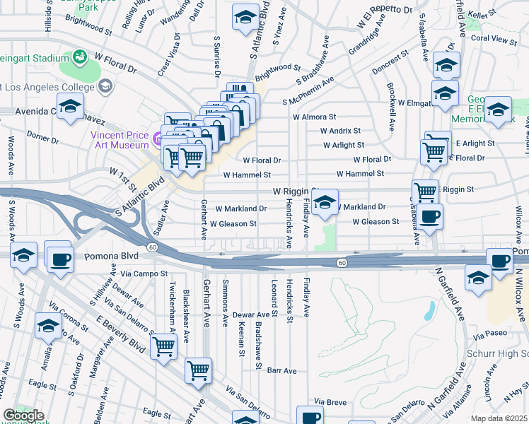 map of restaurants, bars, coffee shops, grocery stores, and more near 532 West Markland Drive in Monterey Park