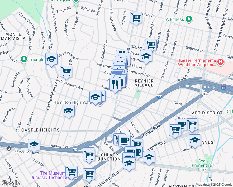 map of restaurants, bars, coffee shops, grocery stores, and more near 2868 South Robertson Boulevard in Los Angeles