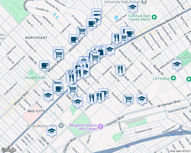 map of restaurants, bars, coffee shops, grocery stores, and more near 1447 Stanford Street in Santa Monica