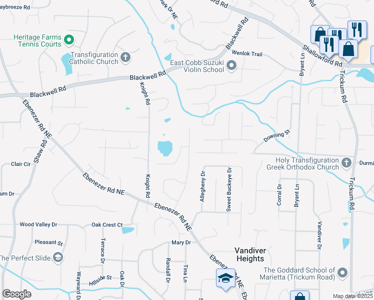 map of restaurants, bars, coffee shops, grocery stores, and more near 1862 Lake Ebenezer Trail Northeast in Marietta