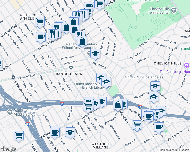 map of restaurants, bars, coffee shops, grocery stores, and more near 2757 Overland Avenue in Los Angeles