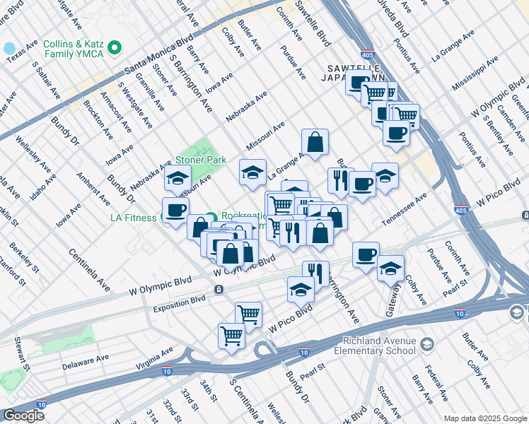map of restaurants, bars, coffee shops, grocery stores, and more near 11751 Mississippi Avenue in Los Angeles