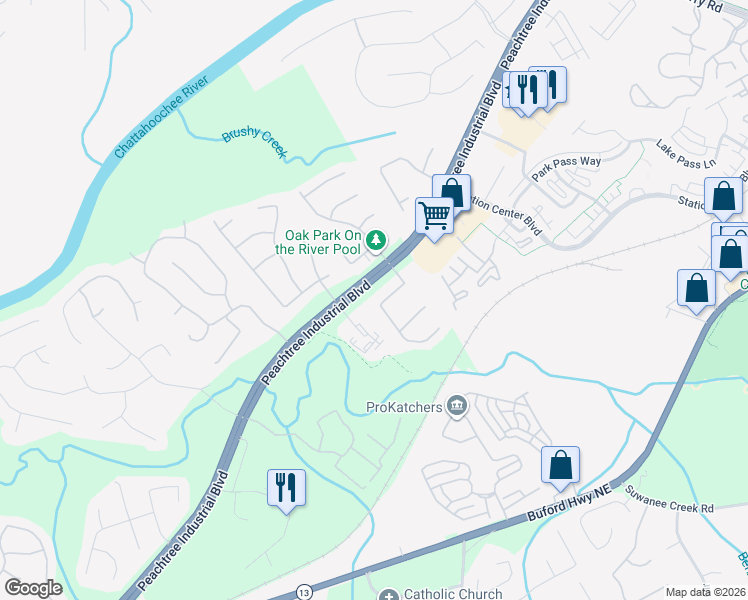 map of restaurants, bars, coffee shops, grocery stores, and more near 3760 Oak Park Drive in Suwanee