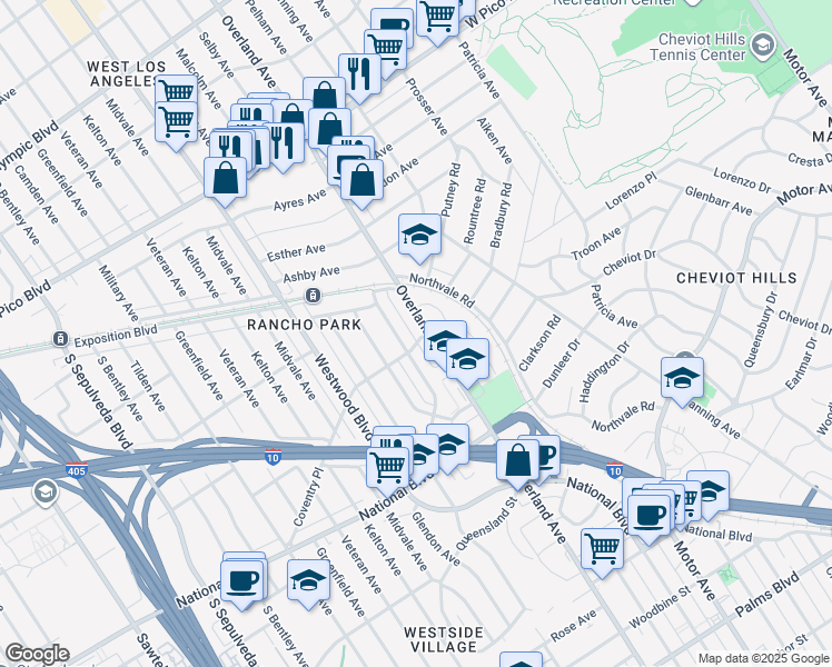 map of restaurants, bars, coffee shops, grocery stores, and more near 2757 Overland Avenue in Los Angeles