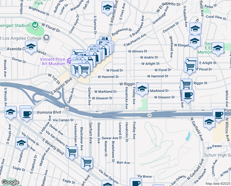 map of restaurants, bars, coffee shops, grocery stores, and more near 532 West Markland Drive in Monterey Park