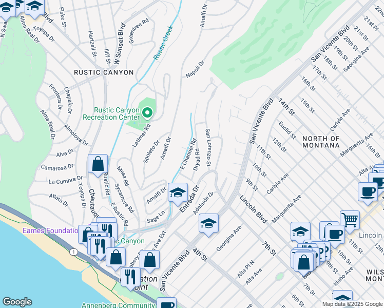 map of restaurants, bars, coffee shops, grocery stores, and more near East Channel Road in Santa Monica